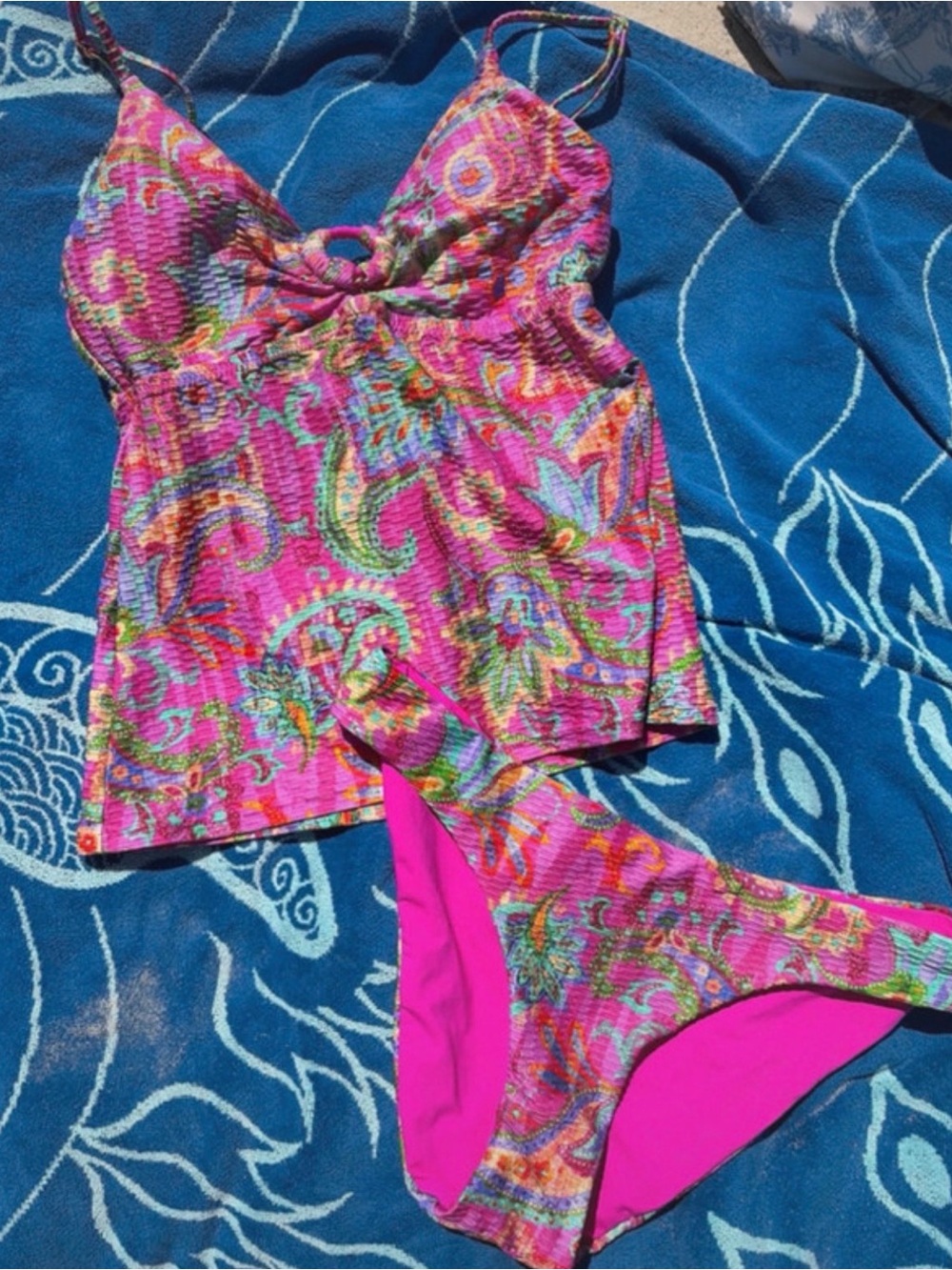 Womens Pink Paisley Tankini Swim Set - Bright Pink